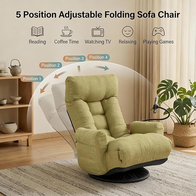 Gaming Chair Floor Sofa Gaming Lounge Chair with 14-Section Head &amp 3-Section Waist Adjustment 360° Swivel &amp Spring Seat for Gaming Napping Reading Dorm Small Apartment (Green)