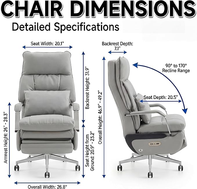 Dual Motor Executive Reclining Office Chair with Footrest – One-Click Electric Recline Massage Lumbar Support &amp Pillow Big and Tall PU Leather Ergonomic Desk Chair for Home Office/Gaming(Gray)