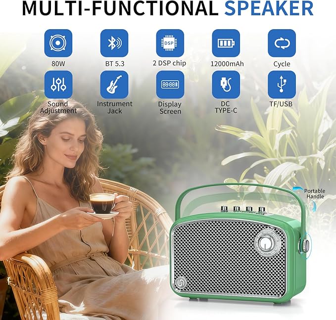 Bluetooth Speaker 120W Peak Powerful Retro Wireless Hi-Fi Loud Speakers with Deep Bass Dual DSP Chips Portable Boombox for Home Room Office Decor Camping Party Festival Gifts Christmas Events