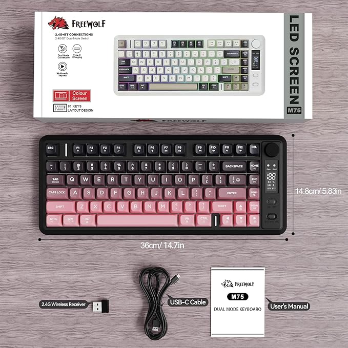 ZIYOU LANG M75 Wireless Gaming Keyboard RGB Backlit Rechargeable 2000mAh Battery Small Membrane But Mechanical Feel Keyboard with Smart Display &amp Knob PBT Gradient keycaps for PC MAC-BlackBerr