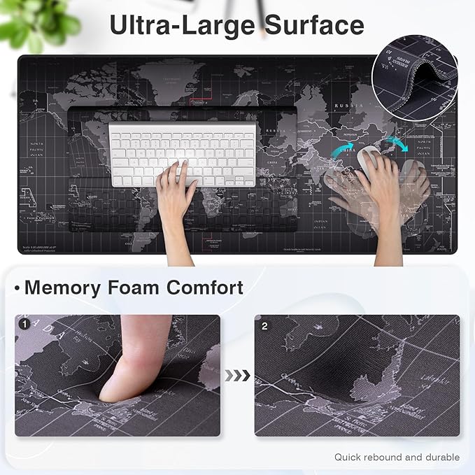 Ospelelf Ergonomic Mouse Pad and Keyboard Stand Wrist Rest Pad Set with Large Mousepad Memory Foam Comfort Premium Office Desk Accessories for Pain Relief and Efficiency Black Map