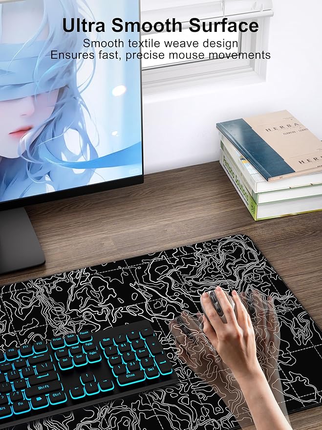 TopMade Mouse Pad with 15W Fast Wireless Charging 31.5x15.75 XXL Large Gaming Waterproof Desk Pad with Ultra-Smooth Surface Non-Slip Base Computer Desk Mat Black Topographic Map #3
