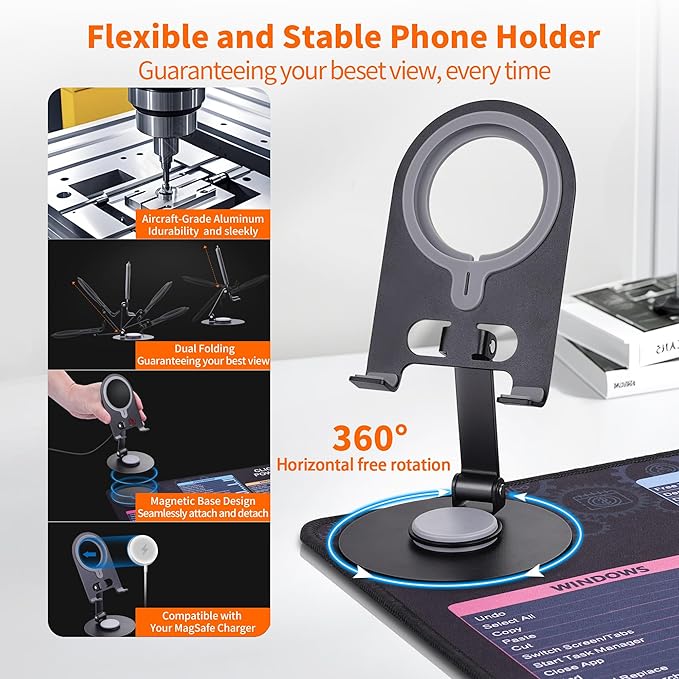 Magnetic Wireless ChargingExcel Cheat Sheet Mouse Pad with Phone Stand Extended Excel Shortcuts Desk Pad Waterproof Ultra-Smooth Keyboard Mat Non-Slip Base (Not Included Adapter 9V 2A)