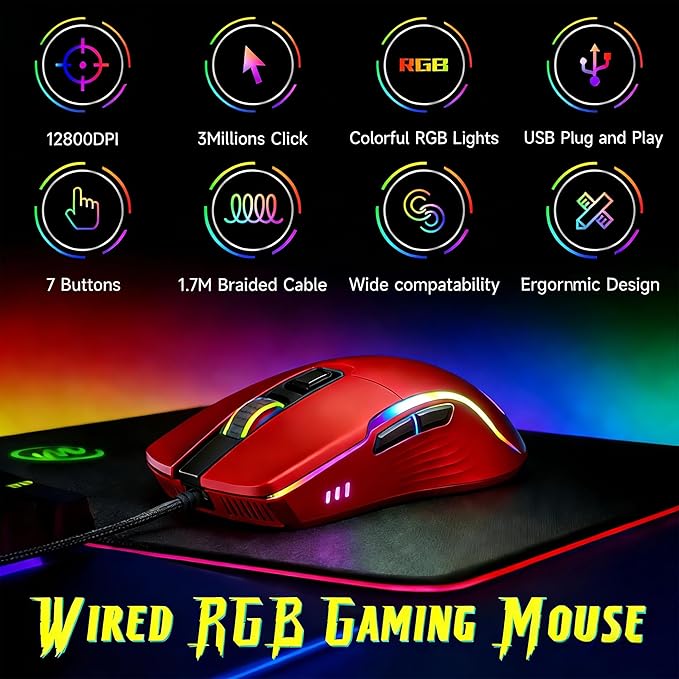 memzuoix Wired Gaming Mouse with RGB - 6 Adjustable DPI up to 12800 6 Buttons 12 Lighting Modes Ergonomic Design with Anti-Slip Rubber Wheel 5.6ft Braided Cable for PC/Mac/Windows - Red