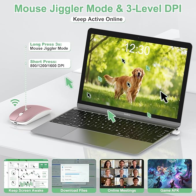 Wireless Mouse for Laptop/MacBook Air/Pro &amp iPad Mouse Jiggler Mode Bluetooth 5.2/2.4G Rechargeable Silent Click 3-Level DPI Slim Portable USB-A&ampC Receiver (Mouse Jiggler Mode Rose Gold)