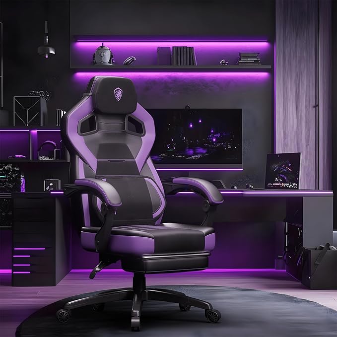 Dowinx PU Leather Gaming Chair with Footrest Big and Tall Ergonomic Computer Chair with Lumbar Support Wide Back Gamer Chair for Heavy People Purple