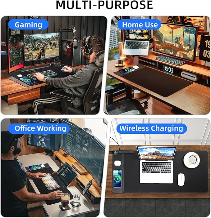 3 in 1 Wireless Charging Mouse Pad Gaming Mousepad with Wireless Charger Multiple Devices Compitable with Watch/iPhone/Airpods Large Desk Mat 90 x 40cmDesk Pad for MacBook PC Laptop-Black