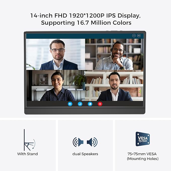 14 Inch Portable Monitor FHD 1920x1200 IPS16:10 Display with Built-in Kickstand USB-C/HDMI Plug and Play Compatible with Laptop PC Mac Mobile PS5 PS4 Xbox Switch