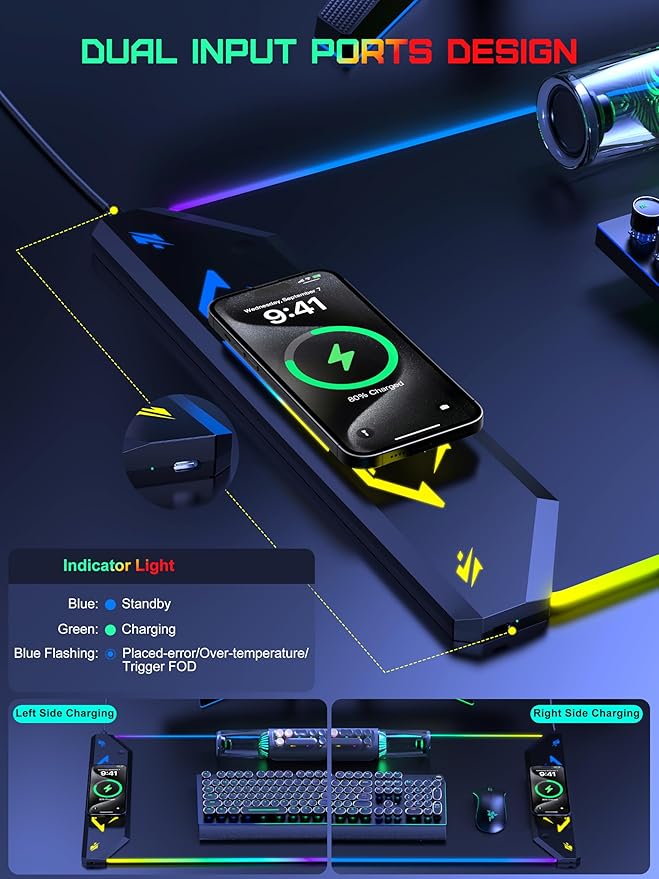 TopMade Wireless Charging Mouse Pad RGB Gaming Mousepad 35.4 x 15.8 Extra Large Waterproof Keyboard Desk Pad Cool Computer Desk Mat Black (Includes 20W PD Power Adapter &amp 6.56ft Woven Cable)
