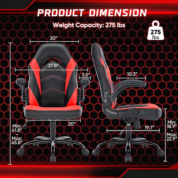 DUMOS Computer Gaming Home Office Chair - Ergonomic Big and Tall Desk with PU Leather Lumbar Support Height Adjustable High Back Video Game with Flip-up Armrest Swivel Wheels for Adults and Teens