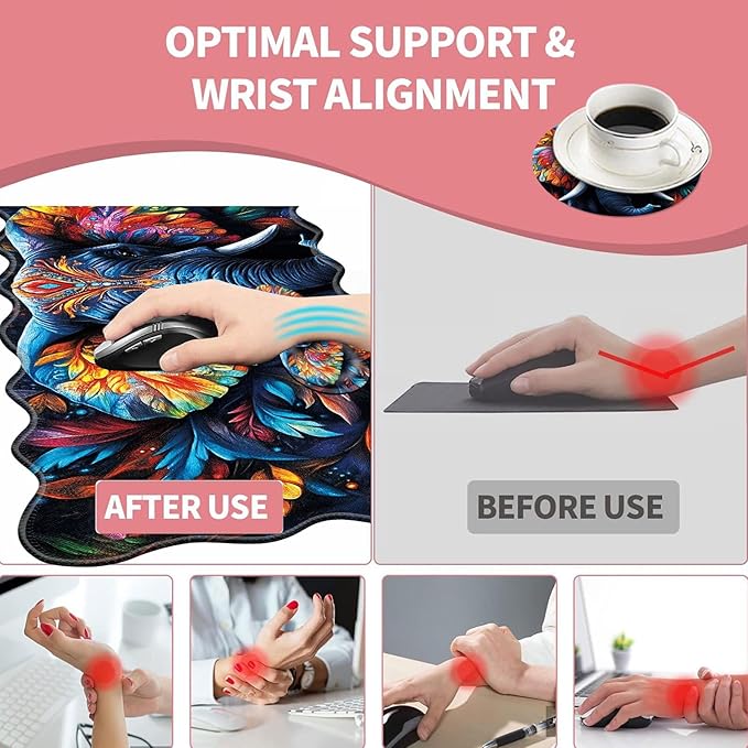 Large Gaming Mouse Pad Keyboard Wrist Rest Pad &amp Wrist Support Mousepad Set Stitched Edge Extended Non-Slip Base Memory Foam Desk Mat for Office HomeCute Colorful Elephant