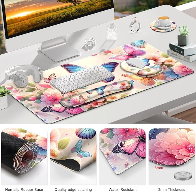 Gaming Mouse Pad Large Desk Mat Cute Desk Pad Protector 4in1 XXL Mousepad + Keyboard Wrist Rest+Mouse Wrist Rest+Coaster Set with Ergonomic Desk Pad for Home Office PC Computer Butterflies Flowers