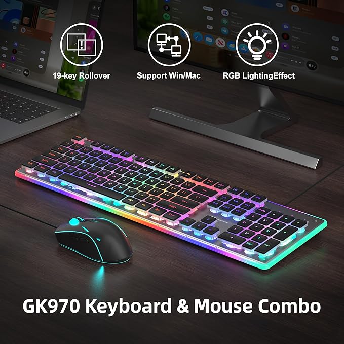 Camiysn Gaming Creamy Keyboard and Mouse Black 104 Keys RGB and 6 Speed RGB Mouse Combo Pudding Keycaps Silent Computer Keyboard for Computer/PC/Laptop/Mac/Windows/Office