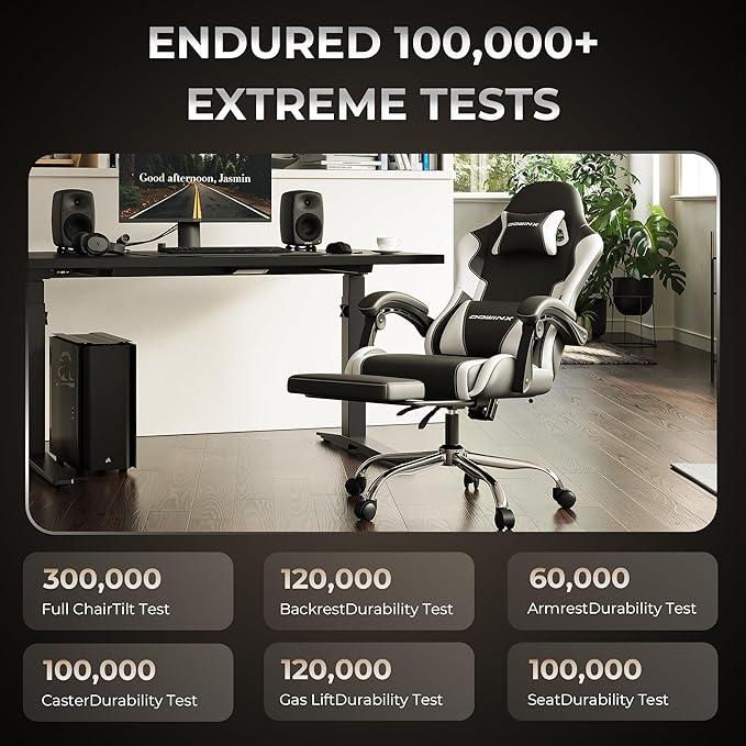 Dowinx Ergonomic Gaming Chair with Footrest Heavy Duty 330lbs Office Chair Massage Lumbar Support Adjustable Height &amp Headrest Pillow Comfortable for Back Pain Relief Streaming Long Gaming Whi