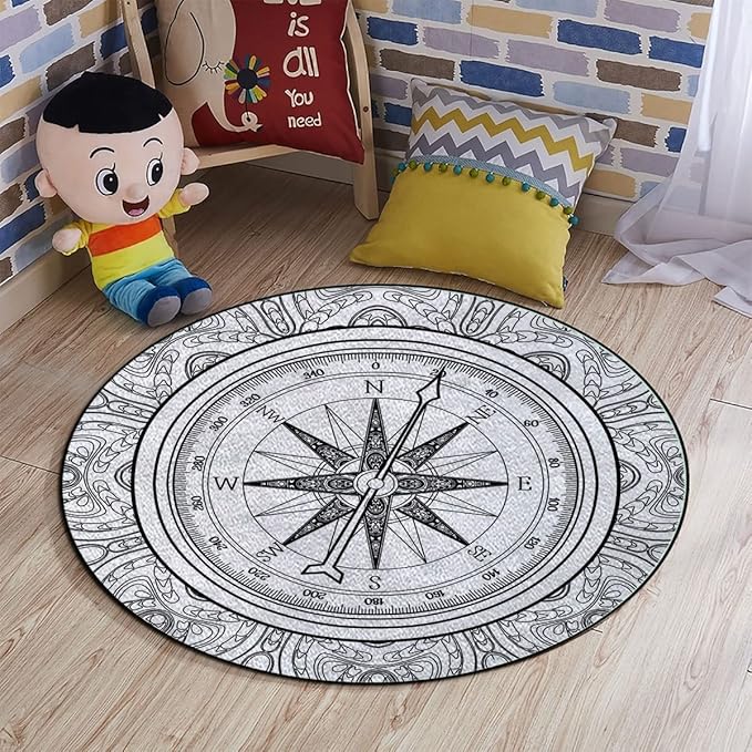 Black White Office Chair Computer Gaming Desk Mat for Rolling Chair Non-Slip Gaming Rug Hand Drawn Windrose in Line Nautical Coloring Gaming Chair Mat Round Floor Mats Compass Diameter 48 in