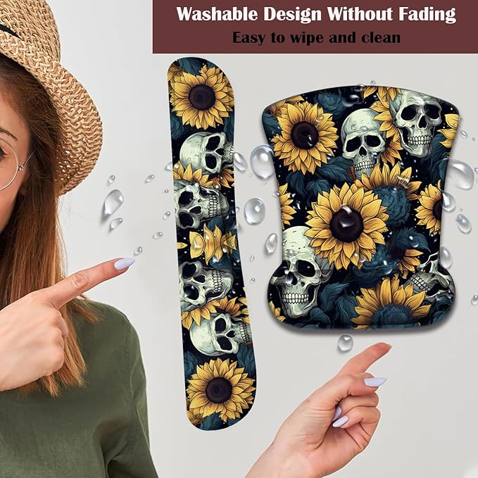 Keyboard Wrist Rest and Mouse Pad Wrist Support with Lace-Shaped Coaster Set Ergonomic Gel Memory Foam and Anti-Slip Base Easy Typing and Pain Relief - Skull Sunflower