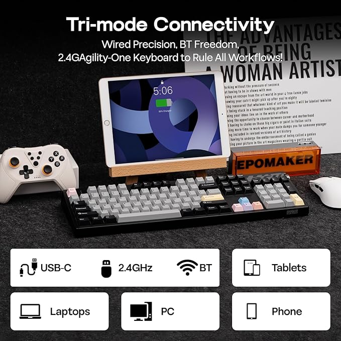 EPOMAKER TH108 PRO Full Size Mechanical Keyboard with Screen &amp Knob Wireless Gaming Keyboard with 10000mAh Creamy Gasket Hot Swap Custom Driver RGB Backlight (Black Sea Salt Silent)