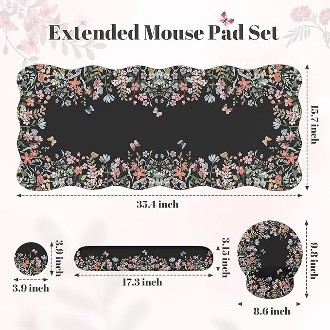 iLeadon Floral Desk Cover Mat Cute Ergonomic Mouse Pad and Keyboard Wrist Rest Smooth Mouse Pad Set Non Slip Scalloped Desk Pad Mat for Keyboard and Mouse Set Women Aesthetics(Black)