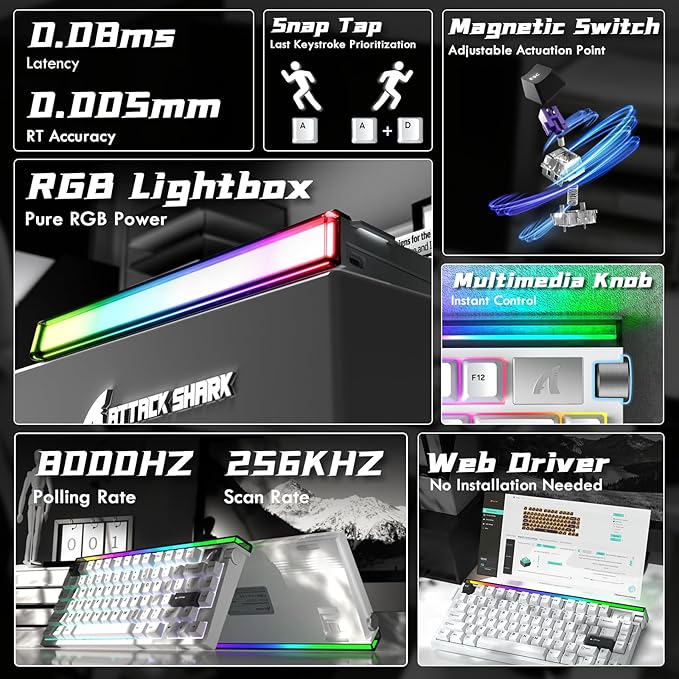 ATTACK SHARK R85 HE Wired 75% Hall Effect Rapid Trigger Mechanical RGB Gaming Keyboard with 8K Polling0.05mm RT Accuracy0.08MS LatencyMagnetic Switch5 Layer Sound DampedDriver for PC(Star White)