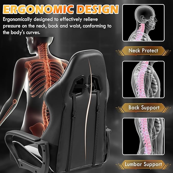 ECOTOUGE Gaming Chair for Boys Ergonomic Computer Gamer Chair with Massage Lumbar Support &amp Rocking High Back 360° Swivel Video Game Chair for Gaming or Office Height Adjustable (White)