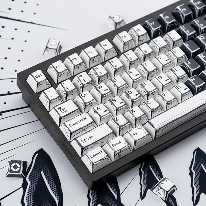 Black and White Manga Theme Keycaps 136 Keys Dye-Sublimation PBT Custom Keycap Set Cherry Profile Keyboard Keycaps for 60% 65% 70% 75% 100% Cherry Gateron MX Switches Mechanical Keyboard