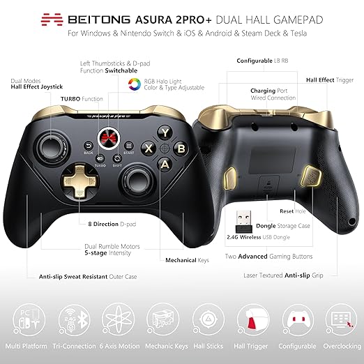 BEITONG Asura 2 Pro+ PC Gaming Controller - Hall Effect Joystick &amp Trigger Mechanical Buttons for PC/NS/Mobile/Steam with Back paddle/Turbo/6-Axis Motion Control (Macro-Black)
