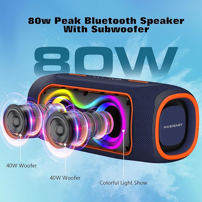 Musibaby 80W Bluetooth Speaker Loud Portable Speaker with Deep Bass Waterproof Outdoor Speaker with RGB Lights for Camping Beach &amp Party 24H Playtime BT5.3 Dual Pairing