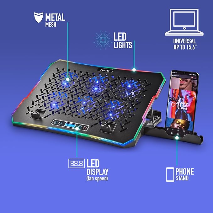 NGS Hero Stand Laptop Cooling Dock 6 Quiet Fans LCD Display RGB Height Adjustable 2 USB Ports Smartphone Holder Non-Slip 2400 RPM
