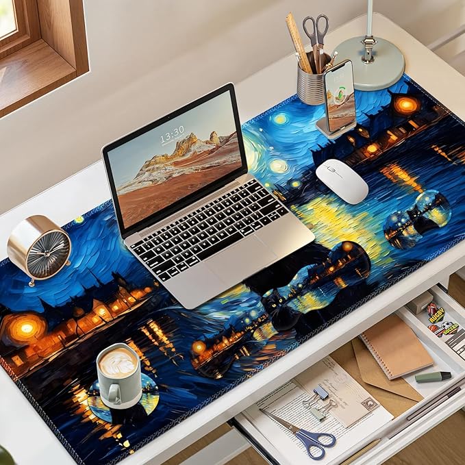 Desk Mat Gaming Mouse Pad Cute Desk Matt Keyboard Wrist Rest for Desktop Anti-Slip Mousepad Stitched Edges XXL Large Mouse Pad with Wrist Support for Home Office I Van Gogh Starry Night Cat
