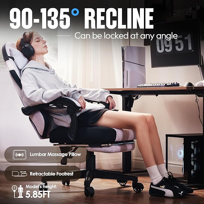 Dowinx Fabric Gaming Chair Ergonomic Computer Chair with Footrest and Pocket Spring Cushion Height Adjustable Video Gamer Chair with Lumbar Support for Adults White Grey