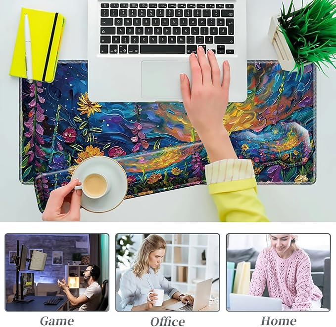 3Pcs Mouse Pad Set Watercolor Flowers Large Gaming Mouse Pad with Stitched Edge Ergonomic Memory Foam Keyboard Wrist Support and Mouse Wrist Rest Cushion Pain Relief Non-Slip Desk Pad Combo