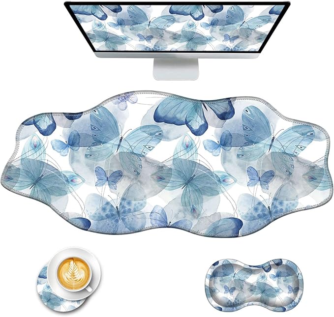 Mouse Pad with Wrist Support + Desk Mat + Coaster 3 in 1 Set XXL Large Gaming Mousepad Ergonomic Mouse Pads for Desk Computer Laptop OfficeBlue Butterfly