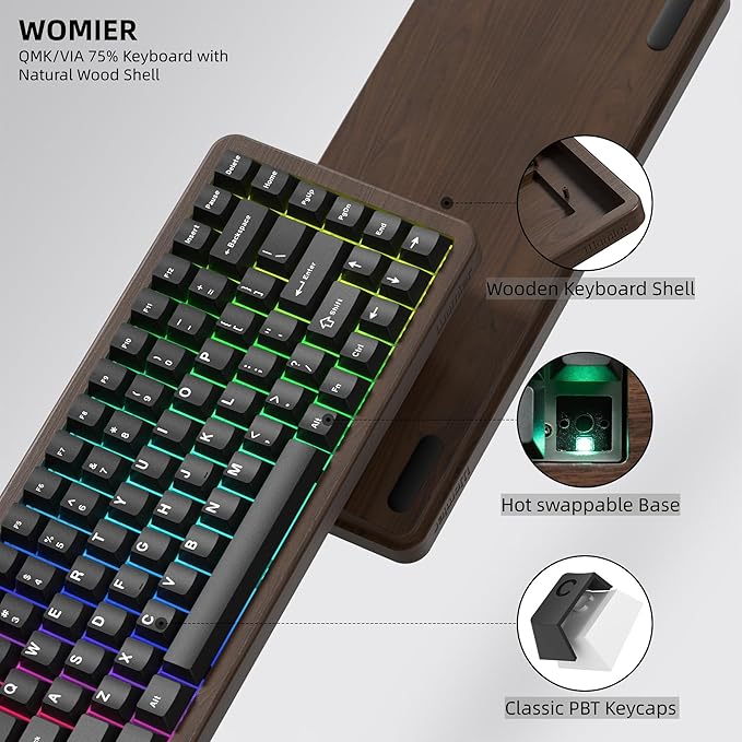 Womier 75% Mechanical Keyboard Wireless with Wood Natural WD75 V2 QMK/VIA Gaming Creamy Keyboard 8000mAh Battery Tri-Mode Key Board RGB Hot Swappable with PBT Keycaps-POM Linear SwitchBlack