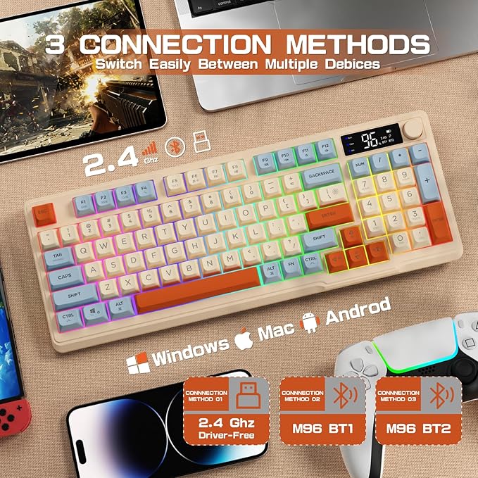 LexonElec M96 Wireless Gaming KeyboardKnob Control Bluetooth/2.4G Wireless Mechanical Feeling KeyboardRGB LED Backlit with Display Screen PBT Keycap 3000mAh 94-Key Layout for Win/Mac (Blueberry)