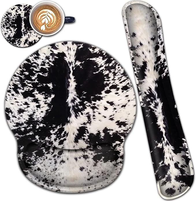 Ergonomic Mouse Pad Wrist Support and Memory Foam Keyboard Wrist Rest Set for Gaming Computer Office Laptop Easy Typing Wireless Mouse MatGel Gaming Cute Black &amp White Cowhide Fur Pattern Desk P