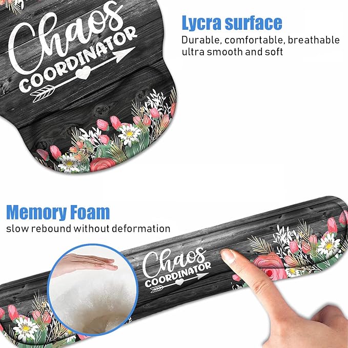 Keyboard Wrist Rest + Mouse Pad Wrist Support Set with Coasters Chaos Coordinator Quotes Colored Floral Wreath Print Wrist Mouse Pad with Non-Slip PU Base for Home Office Working Studying