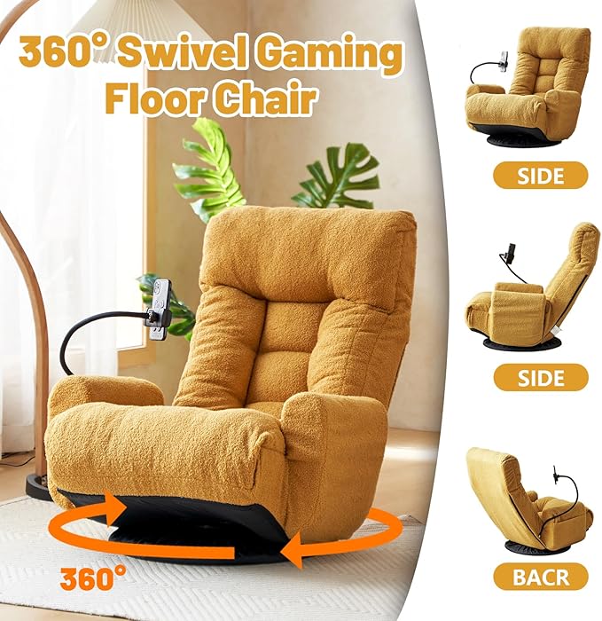 360° Swivel Gaming Floor Chair 5 Position Adjustable Folding Sofa Chair with Armrests &amp Phone Holder Cushion Padded Indoor Chaise Lounge for Adults Home Office Floor Leisure Chairs Yellow