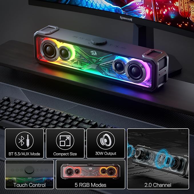 Redragon GS817 RGB Desktop Soundbar 2.0 Channel Stereo Speakers for Desktop w/Massive 30W Max Power Touch-Control Bluetooth 5.3 &amp 3.5mm AUX Inputs Black