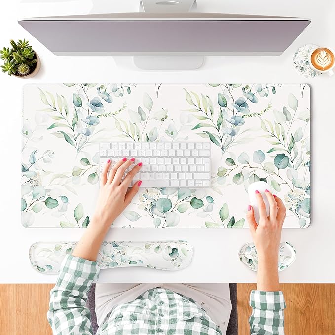 QiyI Leather Desk Mat Set 4-in-1 Large Mouse Pad with Wrist Rest Non-Slip Desk Pad + Keyboard Wrist Rest + Mouse Wrist Support + Coaster Office Desk Accessories Home Decor Supplies Eucalyptus