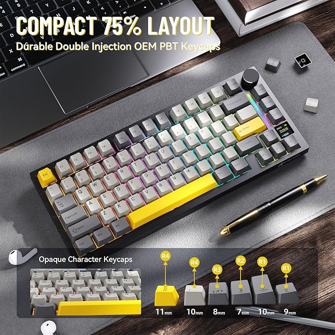 ATTACK SHARK X820ULTRA Wireless Gaming Mechanical Keyboard with TFT Smart Display&ampKnobPBT KeycapsGasket Mounted 75% TKL KeyboardBT5.0/2.4GHz/USB-CRGB Backlit for PC（Starry Black Shark Switch）