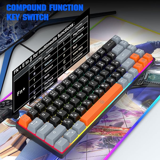 Snpurdiri 60% Percent Gaming Keyboard Compact RGB Backlit Small Gaming Keyboard for Windows PC Laptop (68 Keys Black-Grey-Orange)