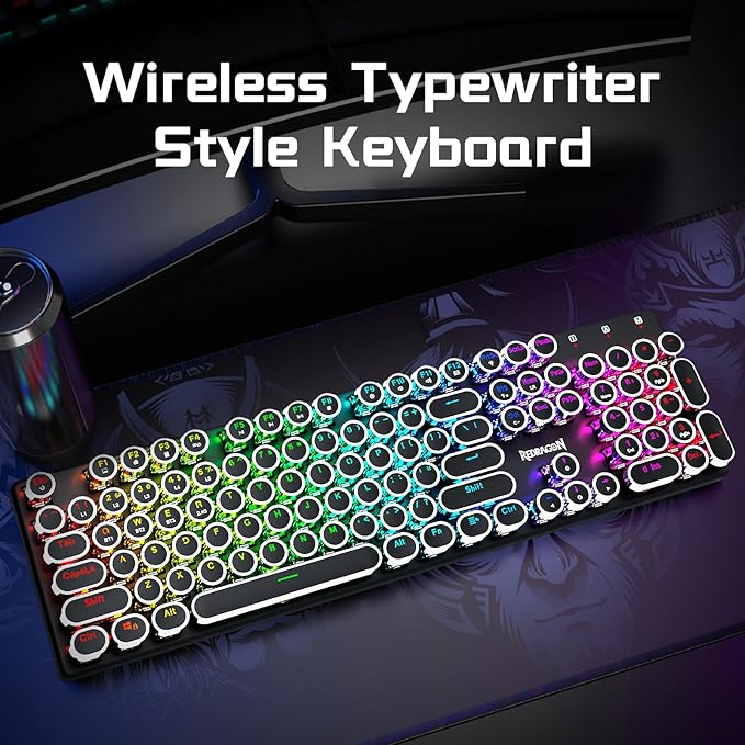 Redragon Typewriter Keyboard Wireless Mechanical Gaming Keyboard Bluetooth/2.4Ghz/Wired RGB LED Backlit Rechargeable Blue Switch - Clicky Solid Metal Panel Round Keycaps Black