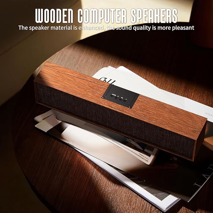Retro Computer Speakers - Wooden Sound Bar with Bluetooth 5.3 &amp USB Connectivity | Universal Compatibility for PC Desktop Laptop Monitor Tablet &amp Smartphone