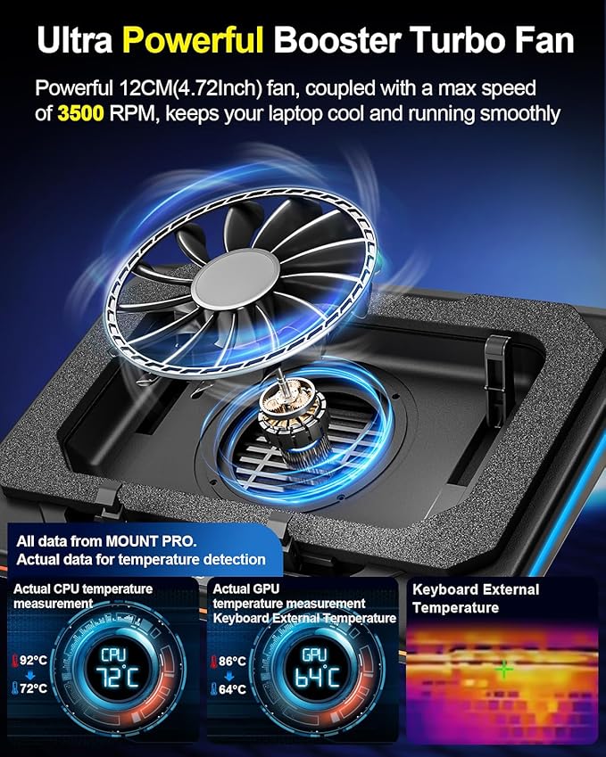 MOUNT PRO Gaming Laptop Cooling Pad RGB Laptop Cooler Stand with Powerful Turbofan (3500 RPM) Height Adjustable Laptop Fan Cooling Pad for 13-19 Inches Notebook with Sealed Foam Touch Control