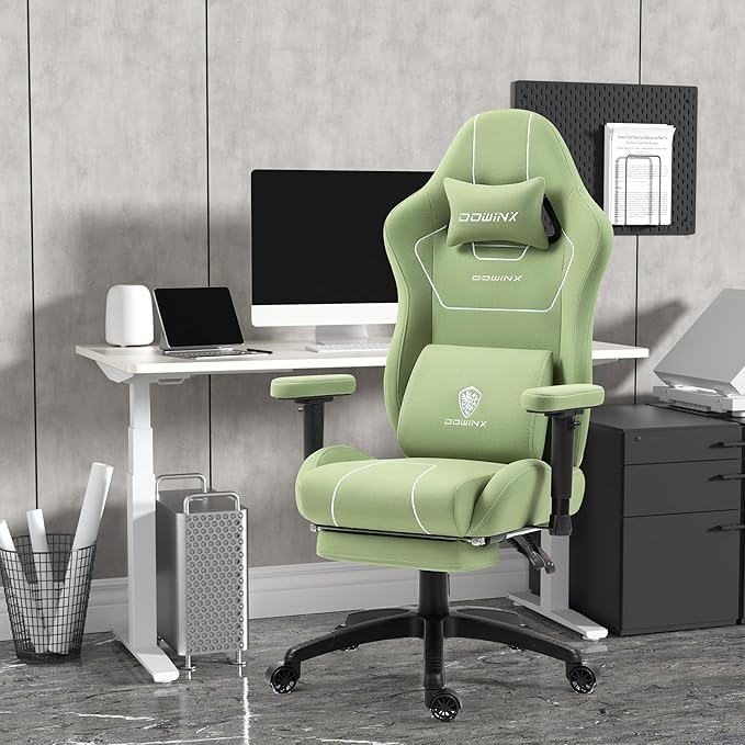 Dowinx Gaming Chair Tech Fabric with Pocket Spring Cushion Ergonomic Computer Chair with Massage Lumbar Support and Footrest Comfortable Reclining Game Office Chair 300lbs for Adult and Teen Green