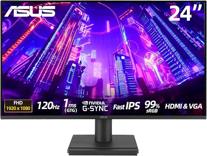 ASUS 24 Monitor FHD(1920x 1080) 120Hz 1ms Adaptive-Sync 99% sRGB Anti-Glare Eye Care VESA Mountable HDMI VGA Frameless Low Blue Light Tilt Adjust Black for Office and Gaming