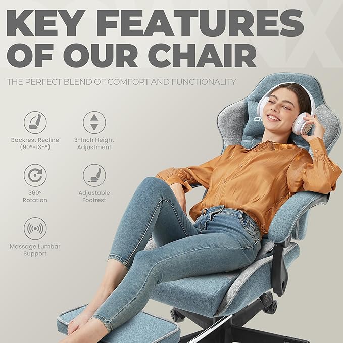 Dowinx Gaming Chair Fabric with Pocket Spring Cushion Massage Game Chair Cloth with Headrest Ergonomic Computer Chair with Footrest 290LBS Blue and Grey