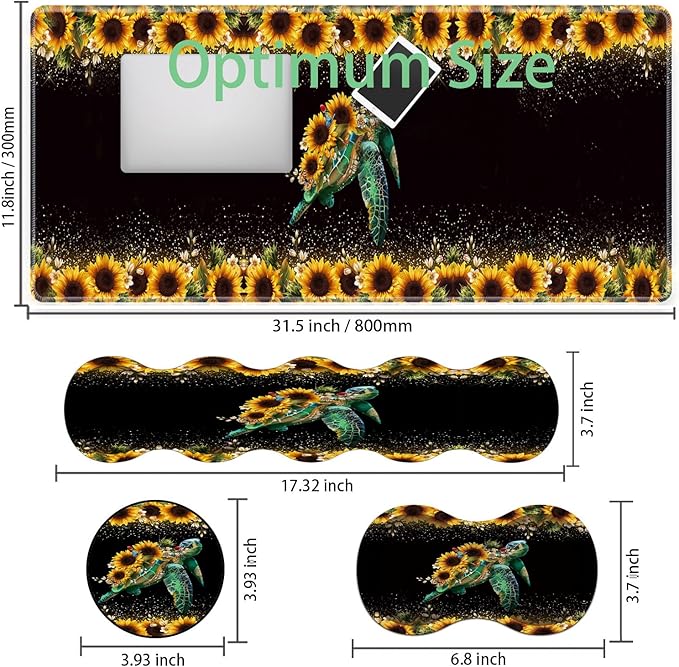 Large Gaming Mouse Pad Keyboard Wrist Rest + Mouse Wrist Pad + Coaster Combination Set Memory Sponge Non-Slip Base. Suitable for Office and Home Glitter Turtle Sunflowers