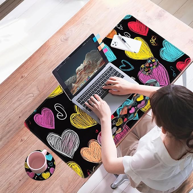 Mouse PadLarge Desk Mat Set 4in1 XL Mousepad + Keyboard Wrist Rest+Mouse Wrist Rest+Coaster with Ergonomic Desk Pad for Home Office Table Computer Cover -Colorful Chalk Drawn Hearts