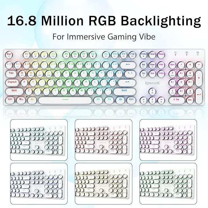 Redragon K710 Wireless Typewriter Mechanical Gaming Keyboard Bluetooth/2.4Ghz/Wired RGB LED Backlit Blue Switch - Clicky Rechargeable Solid Metal Panel Round Keycaps White